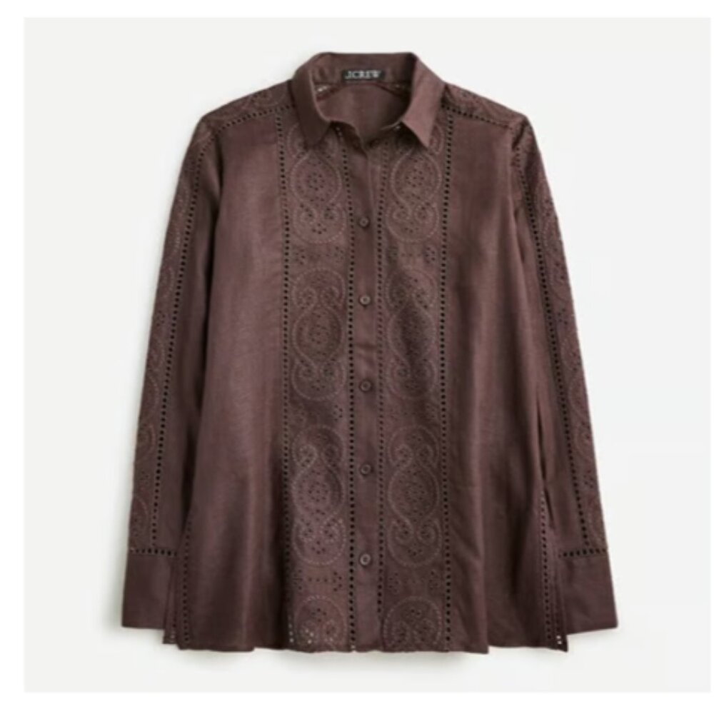 100% linen eyelet J.Crew Women's Garçon Classic Shirt, size 10, chocolate brown